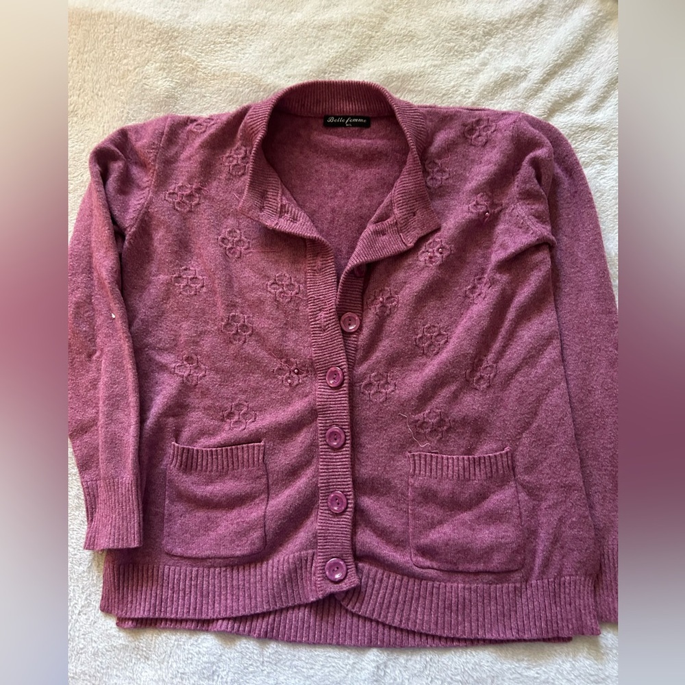 Belle‎ Femme Women’s Wool Cashmere Blend Mauve Cardigan Large Grandma Cozy - Picture 16 of 16